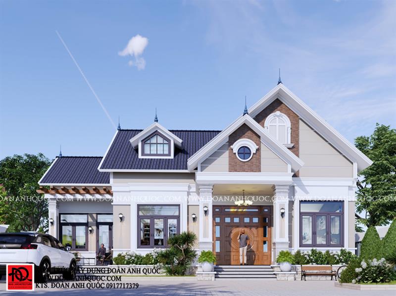 Thiết kế nhà Phan Thiết, Xây nhà trọn gói Phan Thiết, Thi công nhà trọn gói Phan Thiết, Thiết kế Thi công nội thất Phan Thiết Bình Thuận, Công ty Xây dựng Bình Thuận, Thiết kế nhà Bình Thuận, Xây nhà trọn gói Bình Thuận. Thiết kế nhà Phan Thiết - Mẫu nhà cấp 4 sân vườn mái thái tân cổ điển_MS 61